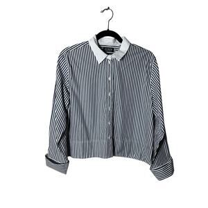 J.Crew Cropped Garçon Shirt Size 10 Blue Navy White Stripe Organic Cotton BT737